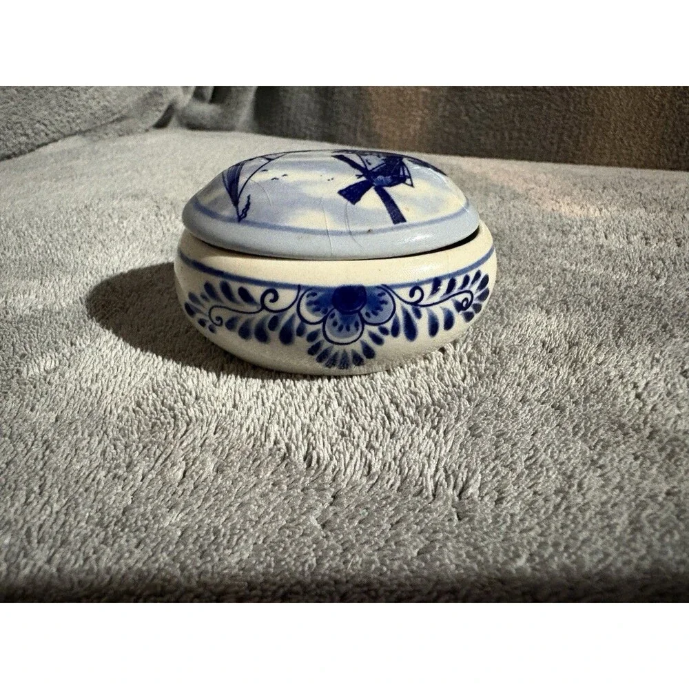 Vintage Delft Blue Nautical Windmill Trinket Jewelry Box Ceramic Holland W Chip
